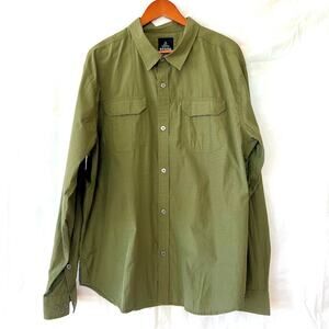 prAna Lightweight Poly Blend Open Collar Button Down Olive Green Men sz XL